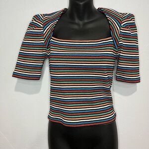DerekLAM CROSBY Jade Striped Ribbed Knit Top Multicolor Puff Shoulder Large NWT 